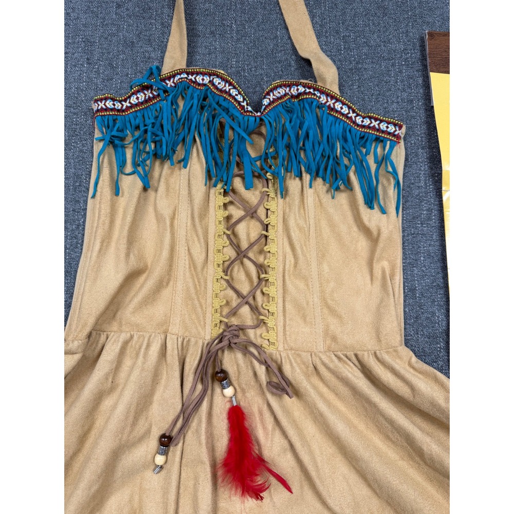 Buckskin Beauty Adult Costume Set Tan Turquoise Fringe Dress Necklace Small 2-4 - Picture 7 of 8